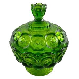 LE Smith Moon Stars Green Glass Lidded Candy Dish 6x4.5 In.
